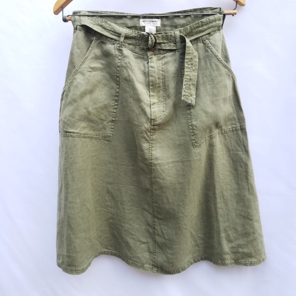 ARTISAN NY Women's 100% Linen Green Khaki Skirt